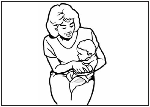 This drawing shows a mother holding an infant. The anterolateral aspect of the infantâ€™s thigh is shaded, showing the proper site for intramuscular/subcutaneous vaccine administration.