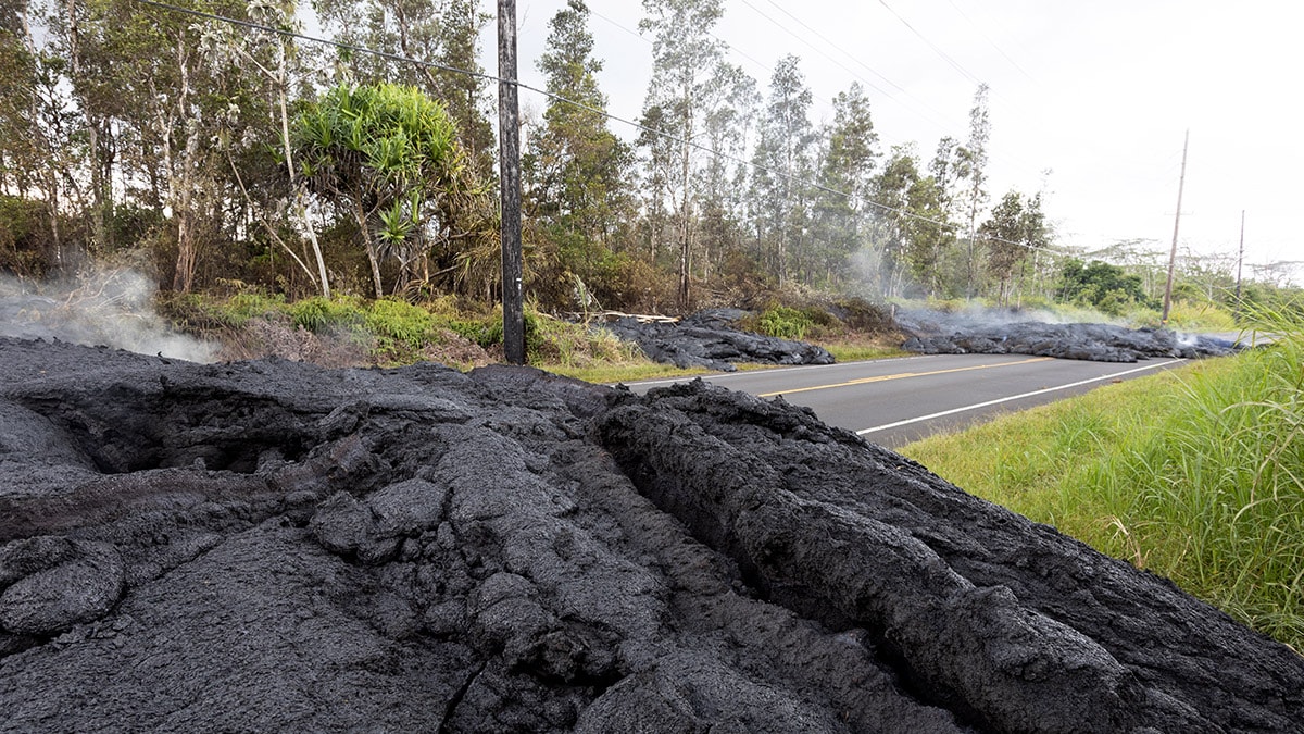 Lava flowed hardened over road